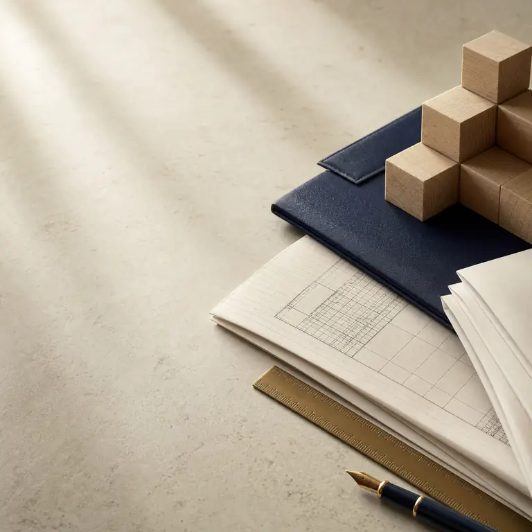 Wooden building blocks, papers and a pen on a desk