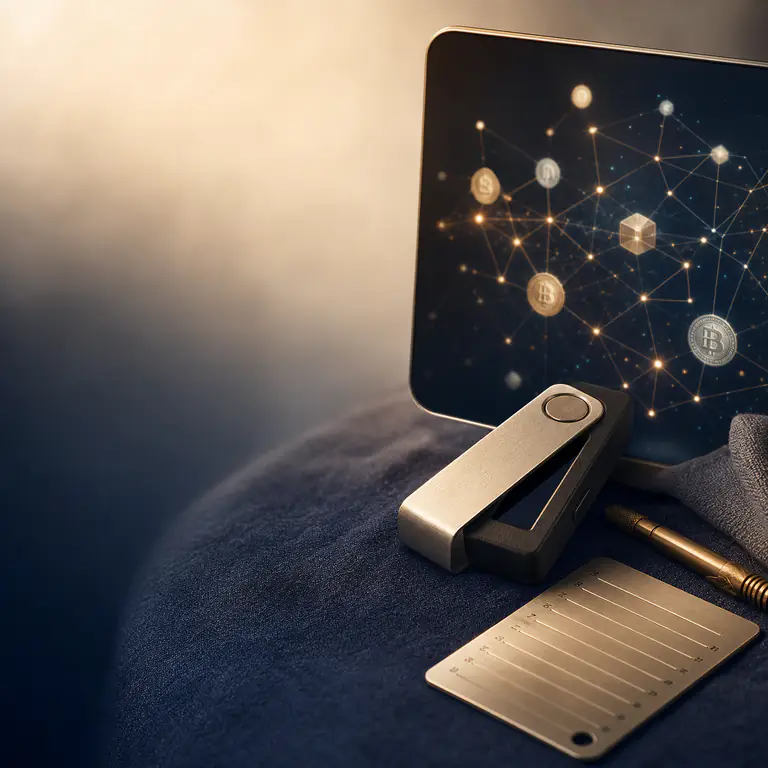 A hardware wallet and tablet displaying a digital network