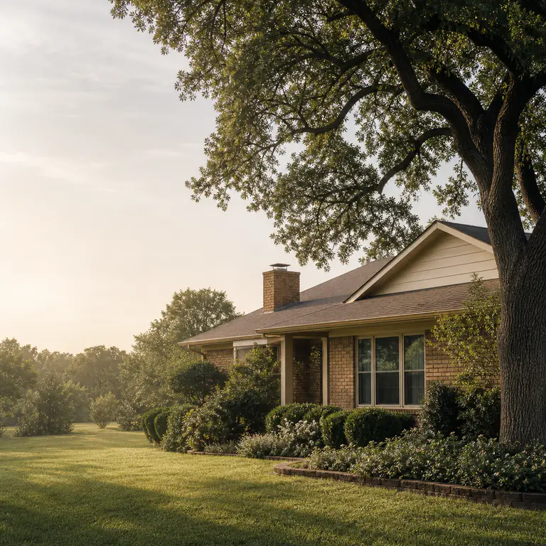 A house beneath a mature tree