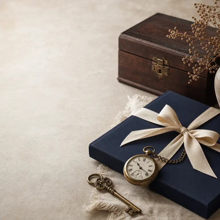 A keepsake box, watch and key on a table