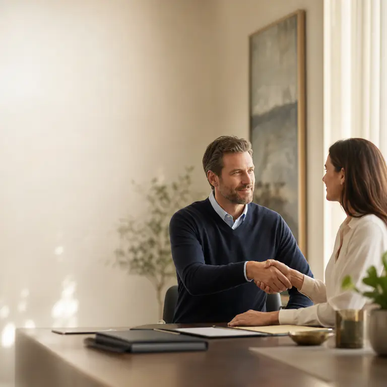 Two people shaking hands across a meeting table