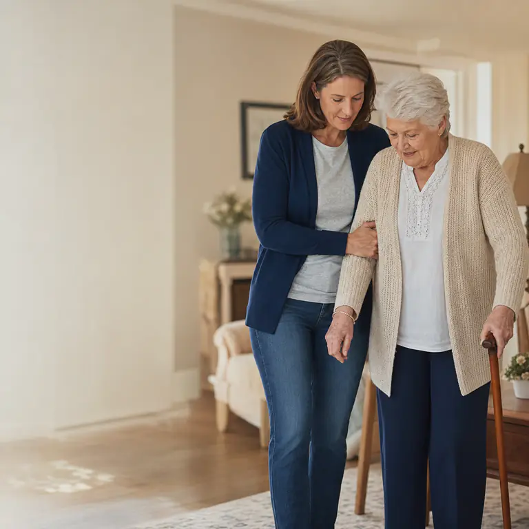 A woman helping an older woman walk at home