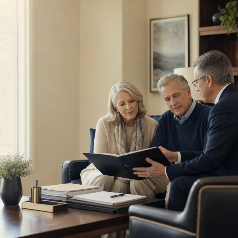 A couple reviewing a folder with an adviser